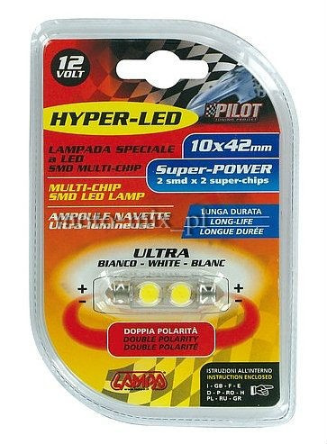 Żarówka rurkowa, paluszek - biała - 2x led SMD + 2x super chips 10x42 mm Żarówka rurkowa, paluszek - biała - 2x led SMD + 2x super chips 10x42 mm